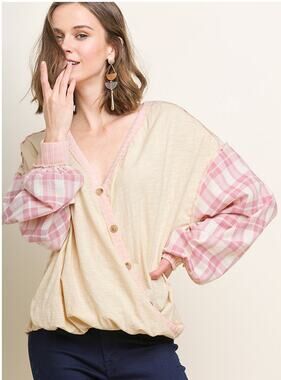 UMGEE Heathered Plaid Puff Long Sleeve Top Surplice Faux Buttons Blouse Size S